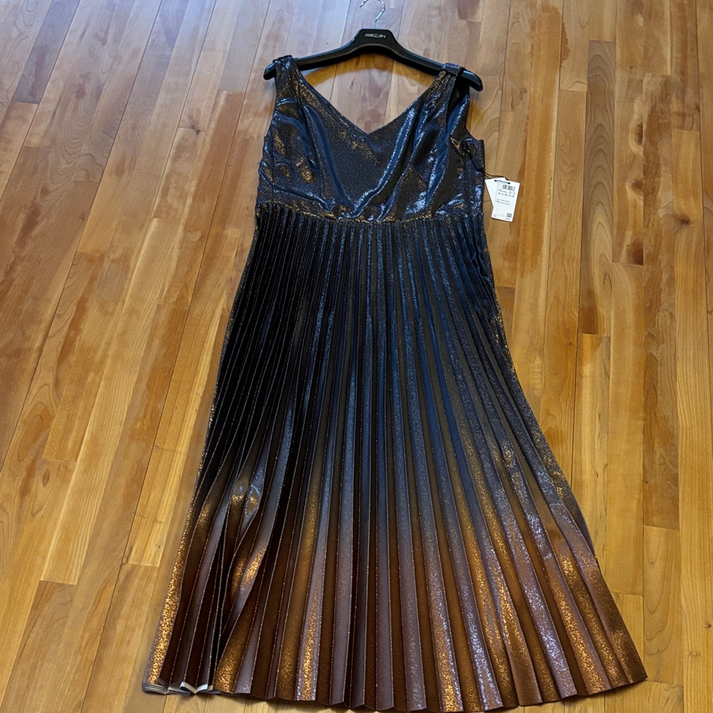 Marc Cain Black And Gold Pleated Midi Dress